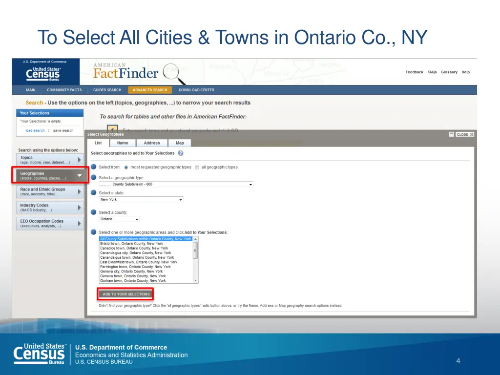 to select all cities towns in ontario co ny