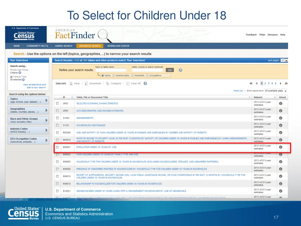 to select for children under 18 1