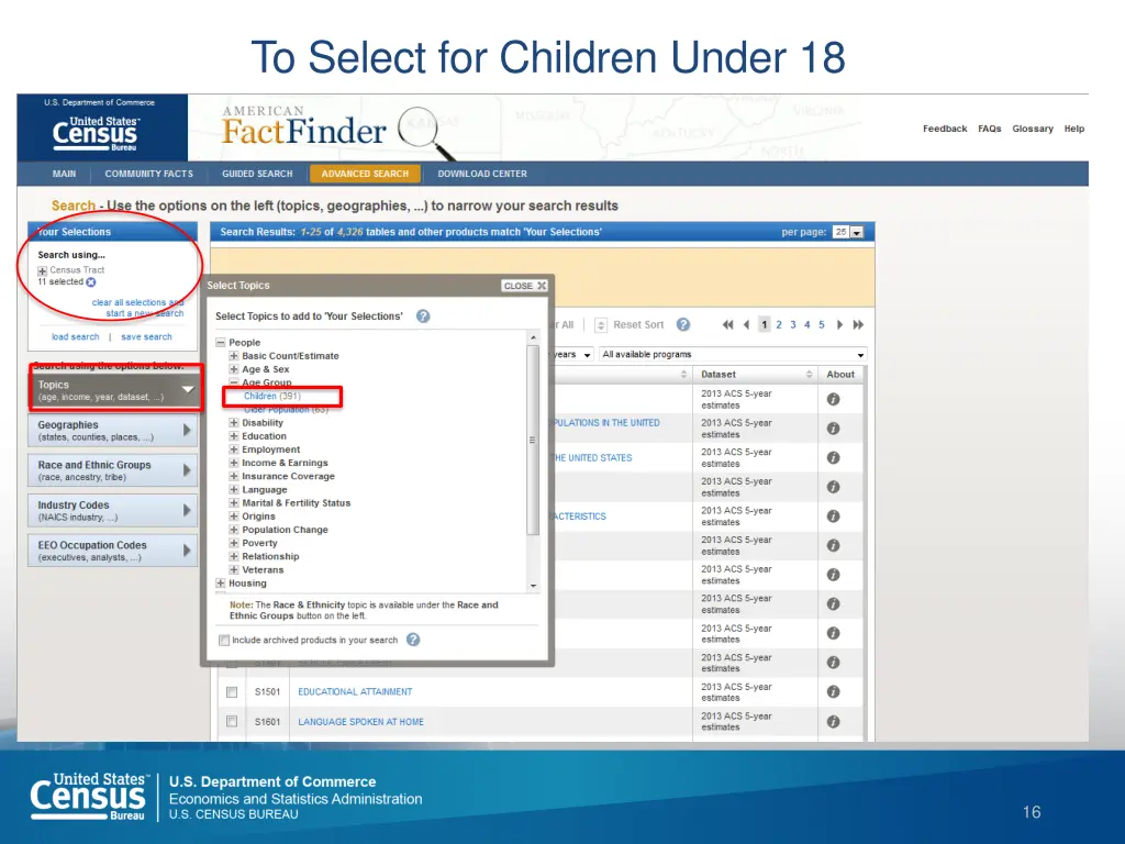 to select for children under 18