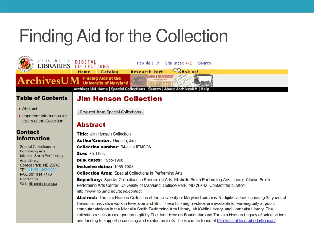 finding aid for the collection