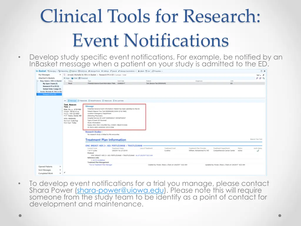 clinical tools for research event notifications