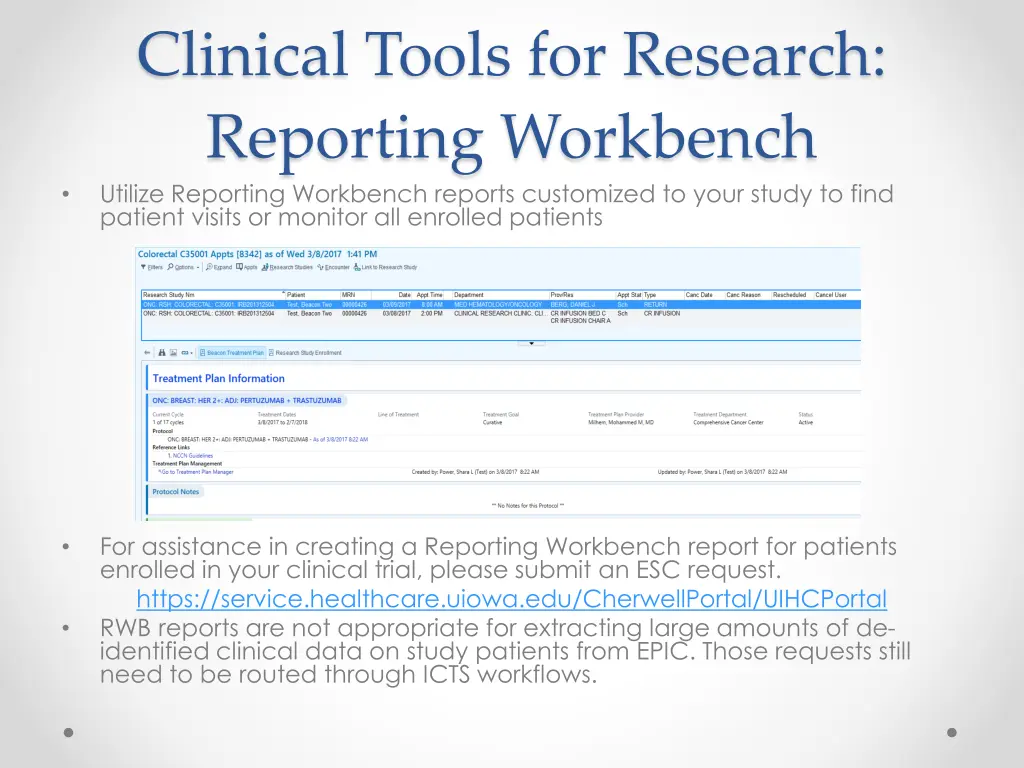 clinical tools for research reporting workbench