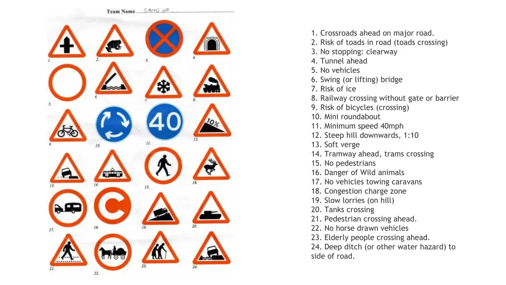 1 crossroads ahead on major road 2 risk of toads