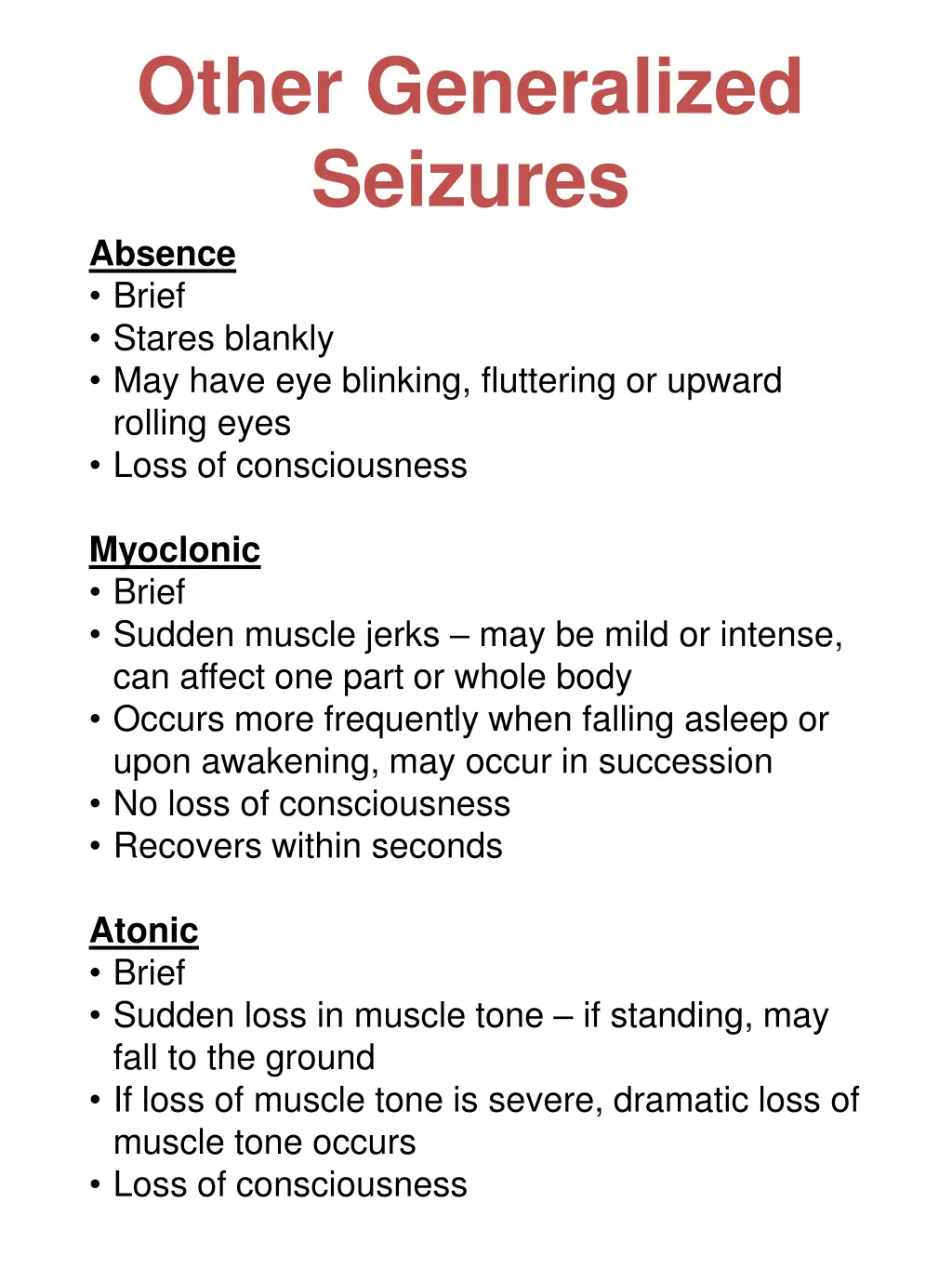 other generalized seizures absence brief stares