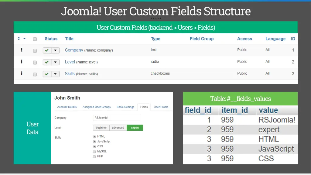 joomla user custom fields structure