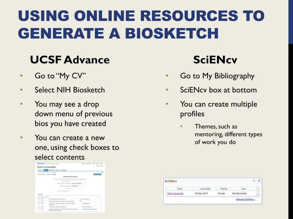 using online resources to generate a biosketch