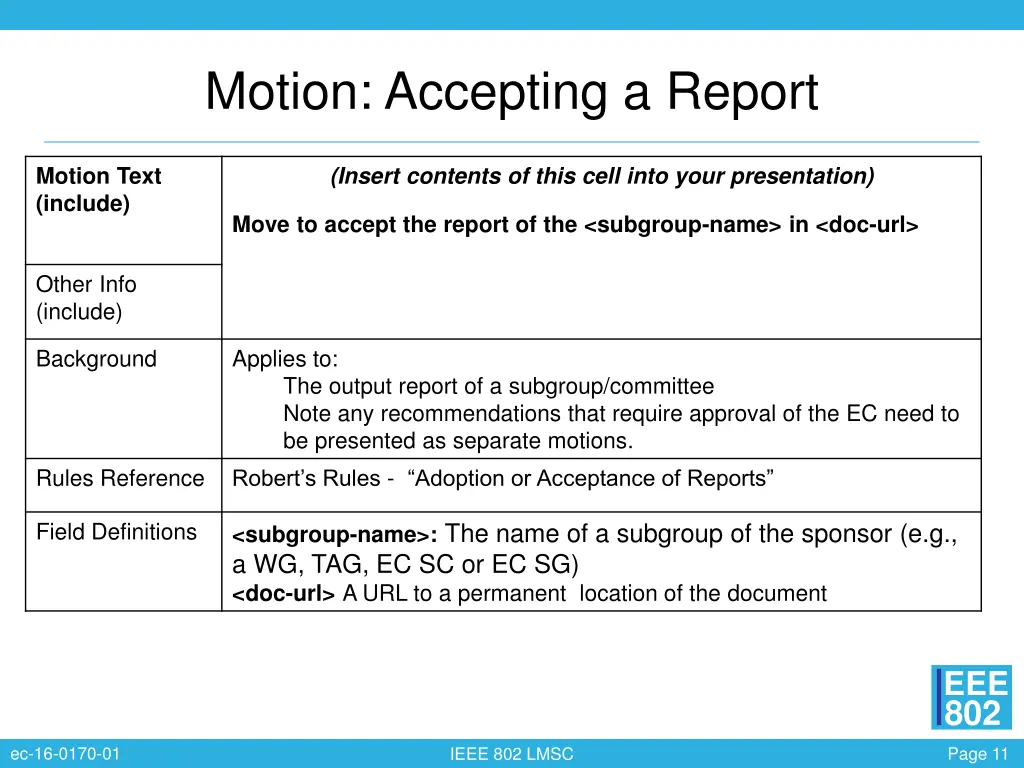 motion accepting a report