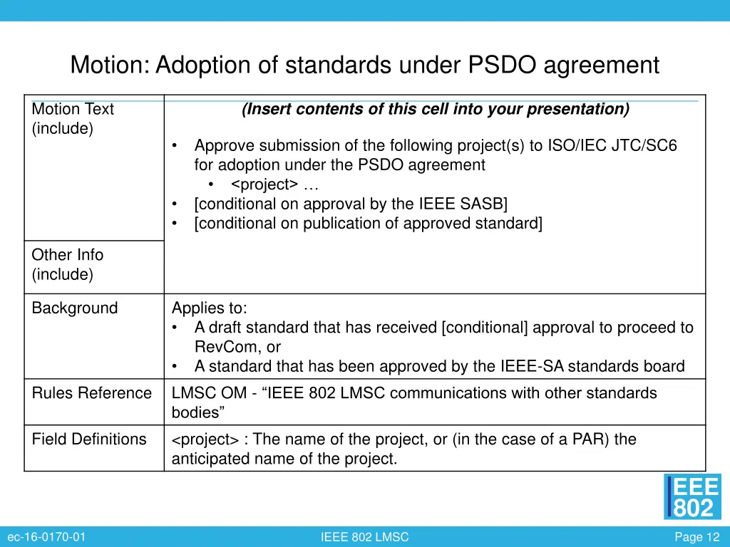 motion adoption of standards under psdo agreement