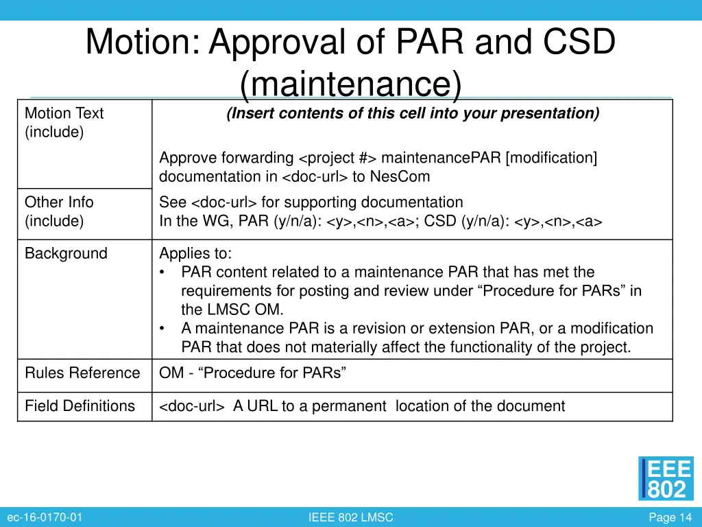 motion approval of par and csd maintenance motion