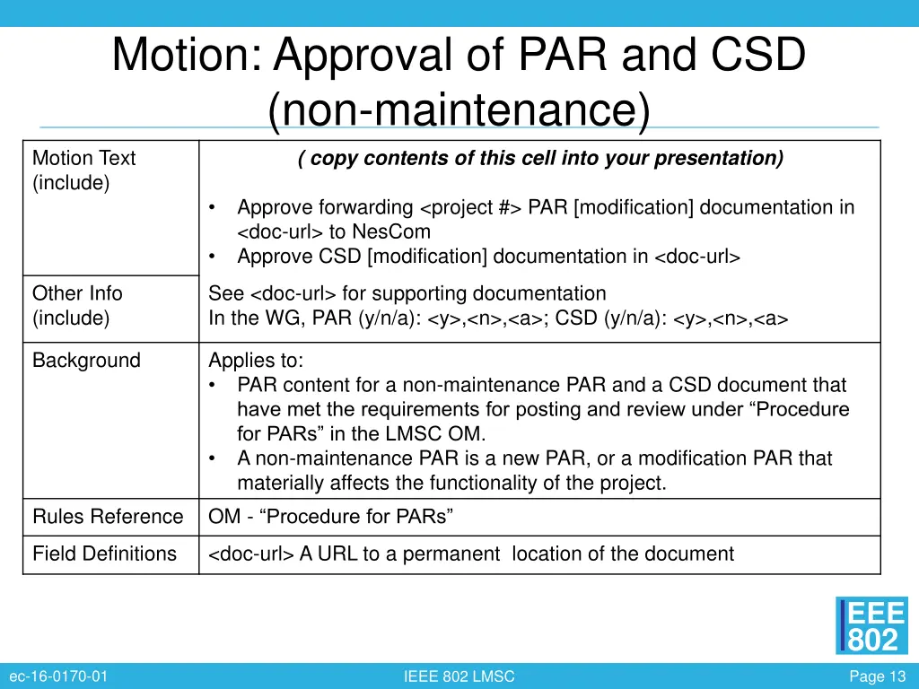 motion approval of par and csd non maintenance