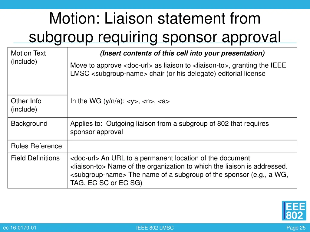 motion liaison statement from subgroup requiring