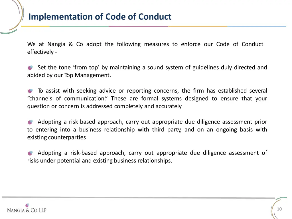 implementation of code of conduct