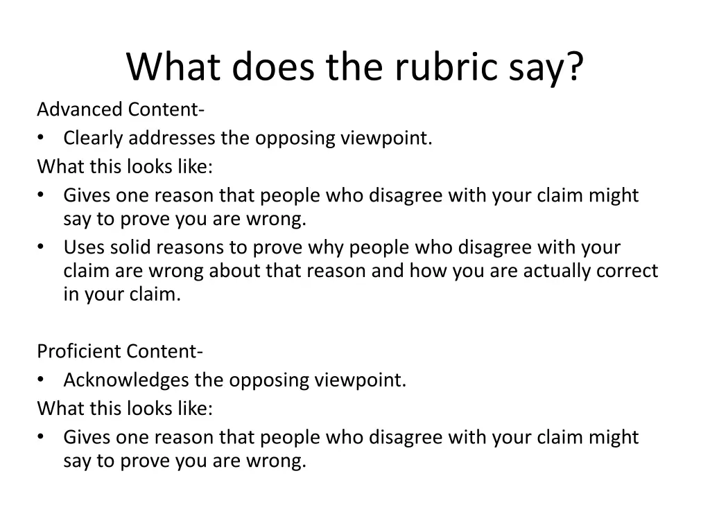 what does the rubric say advanced content clearly