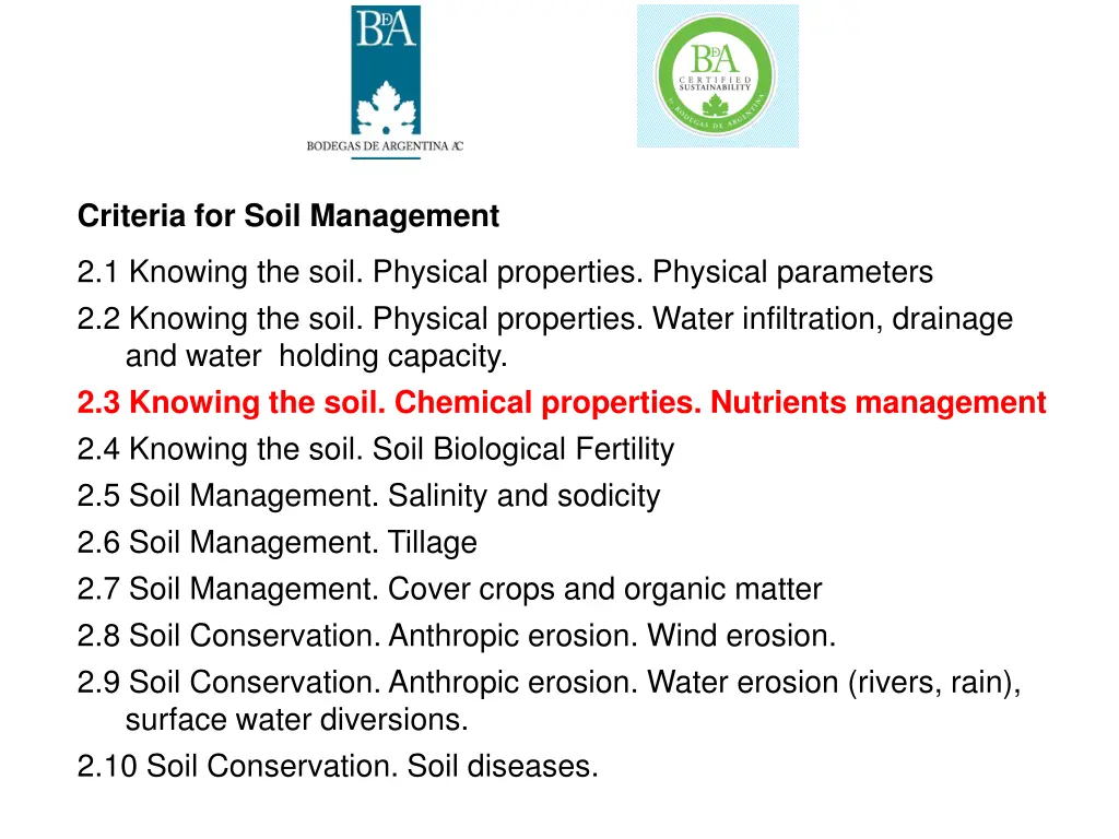 criteria for soil management