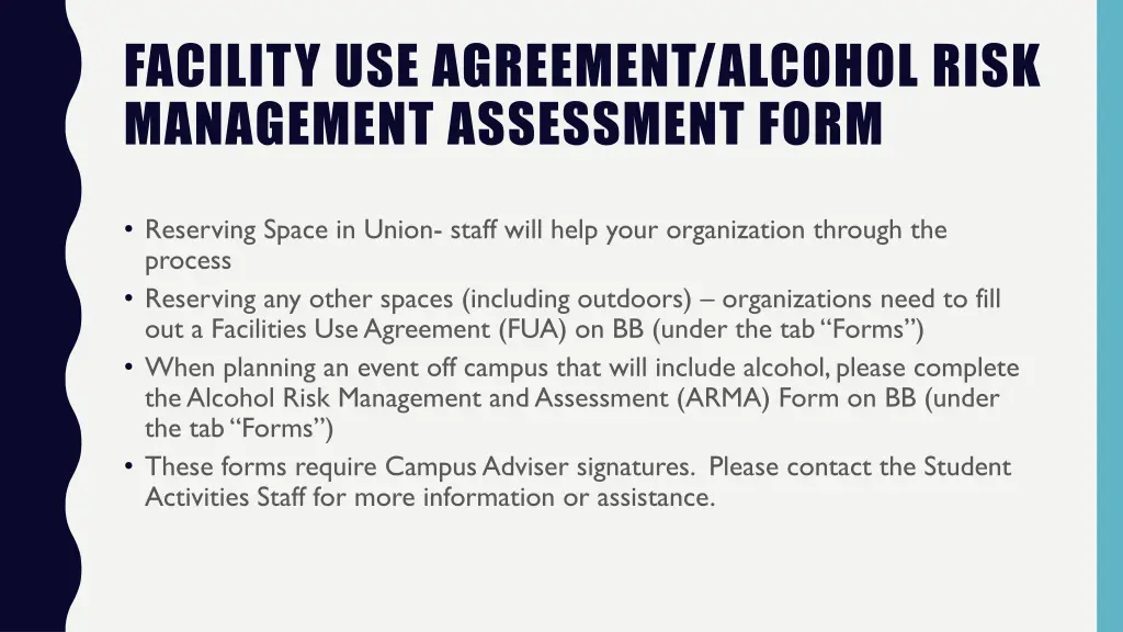 facility use agreement alcohol risk management