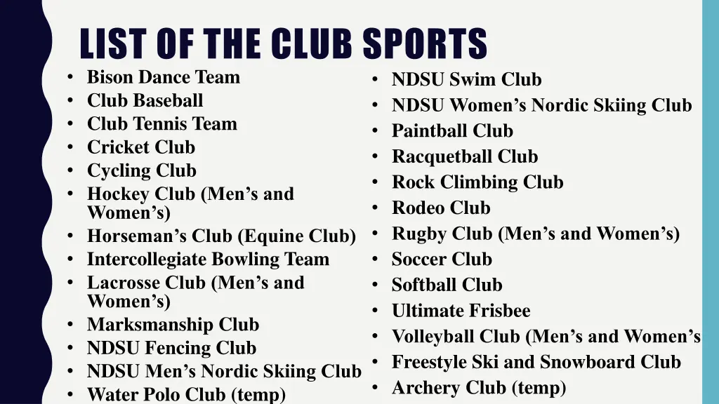 list of the club sports bison dance team club