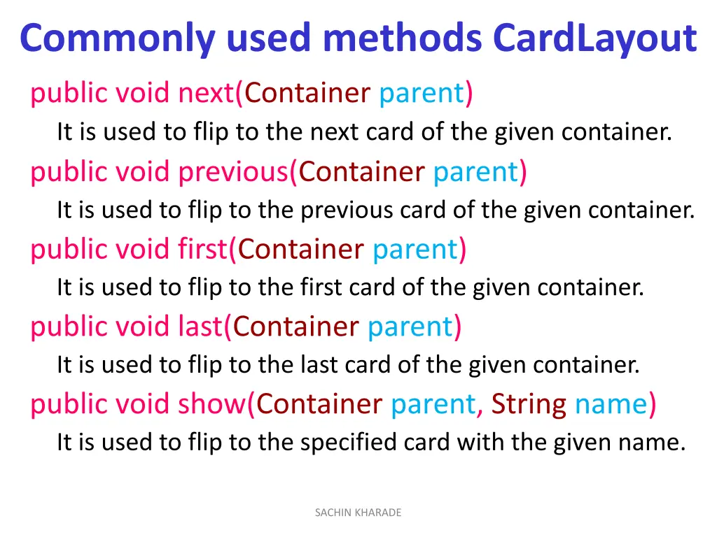 commonly used methods cardlayout