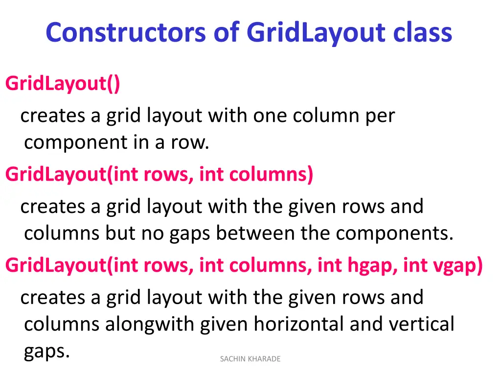 constructors of gridlayout class