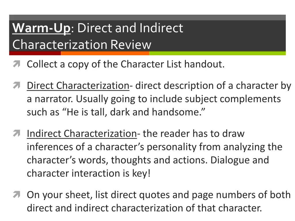 warm up direct and indirect characterization