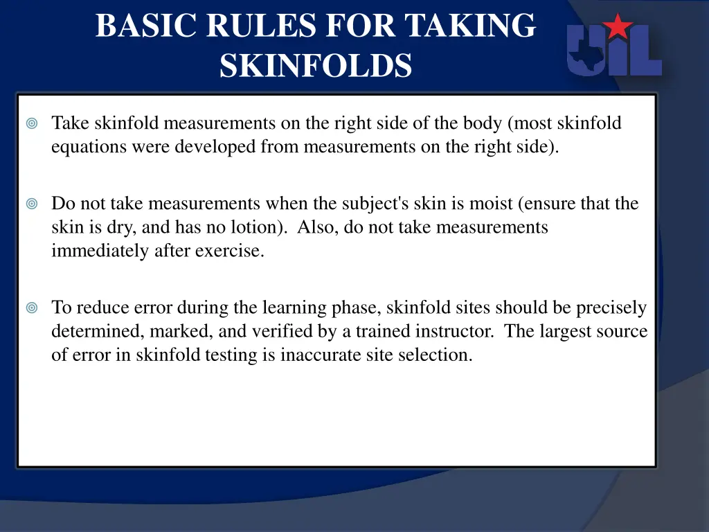 basic rules for taking skinfolds