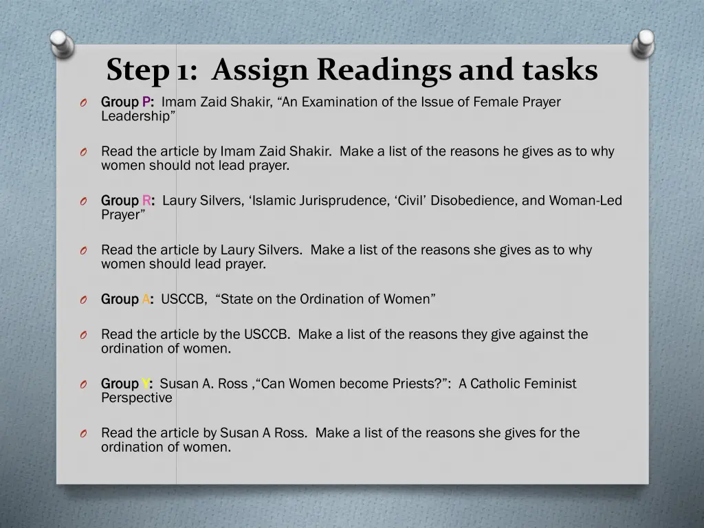 step 1 assign readings and tasks group group