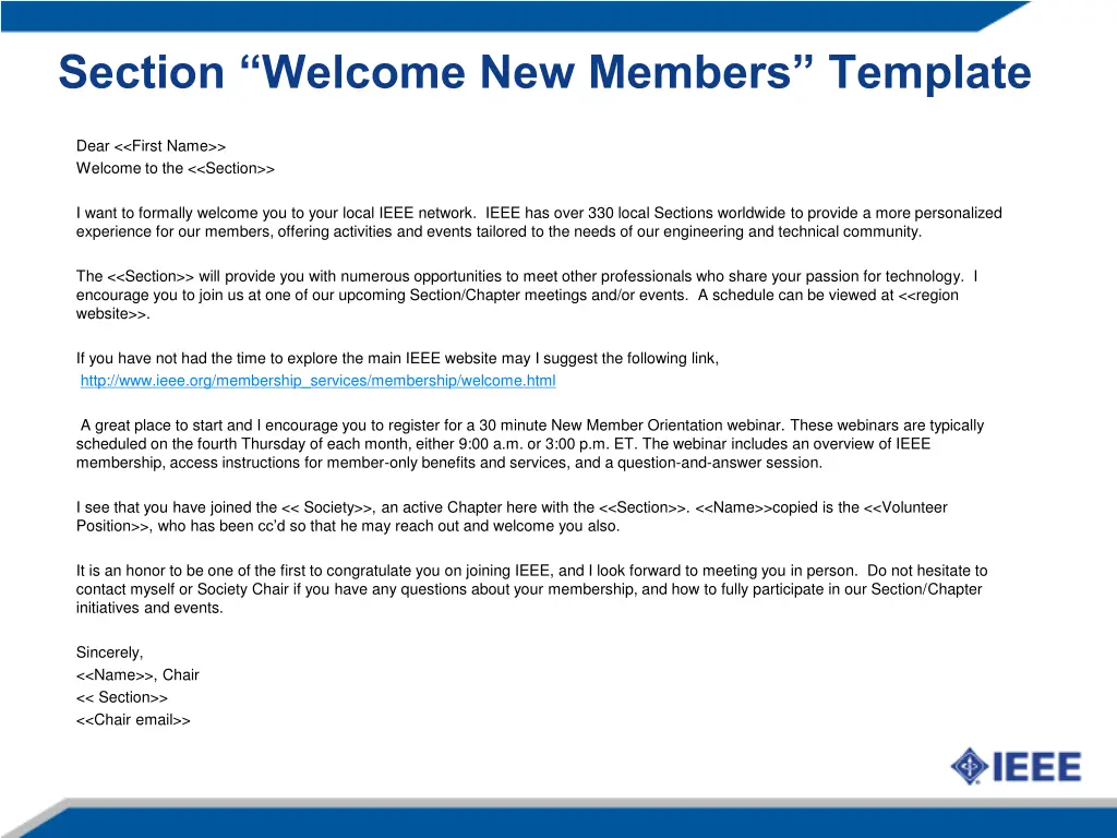 section welcome new members template