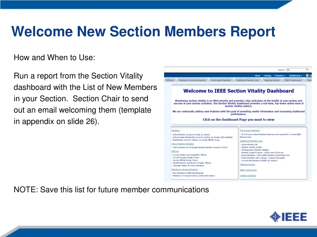 welcome new section members report