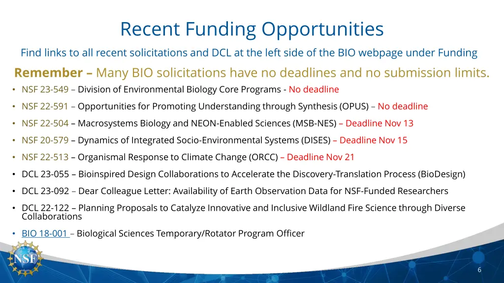 recent funding opportunities find links