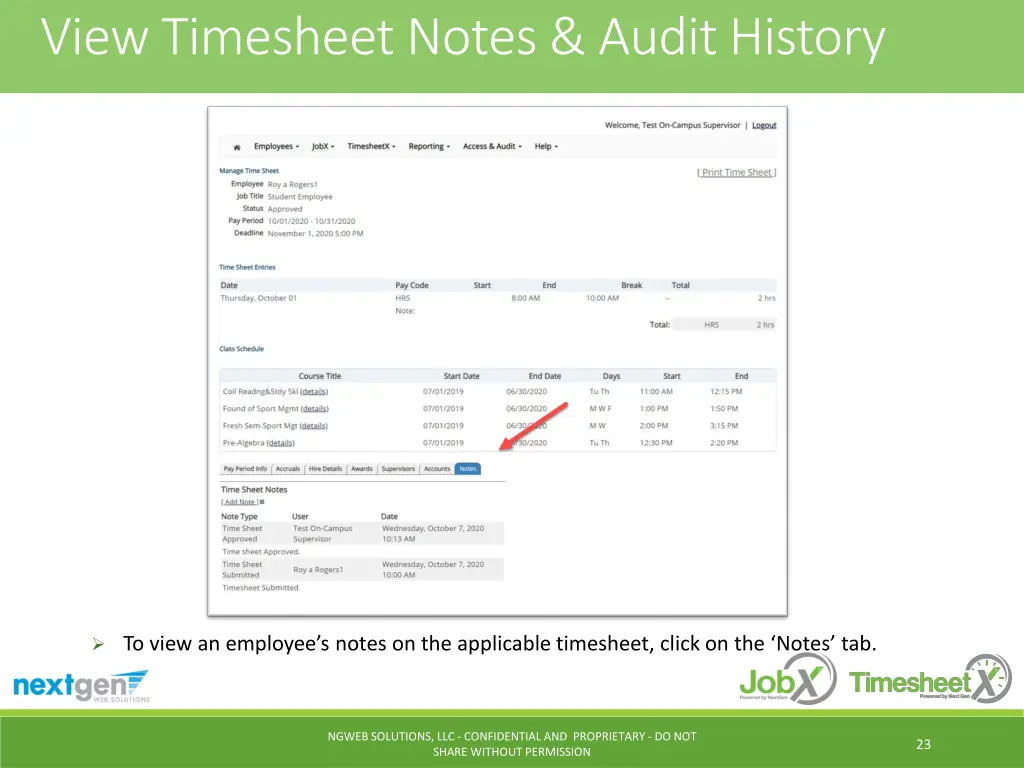 view timesheet notes audit history