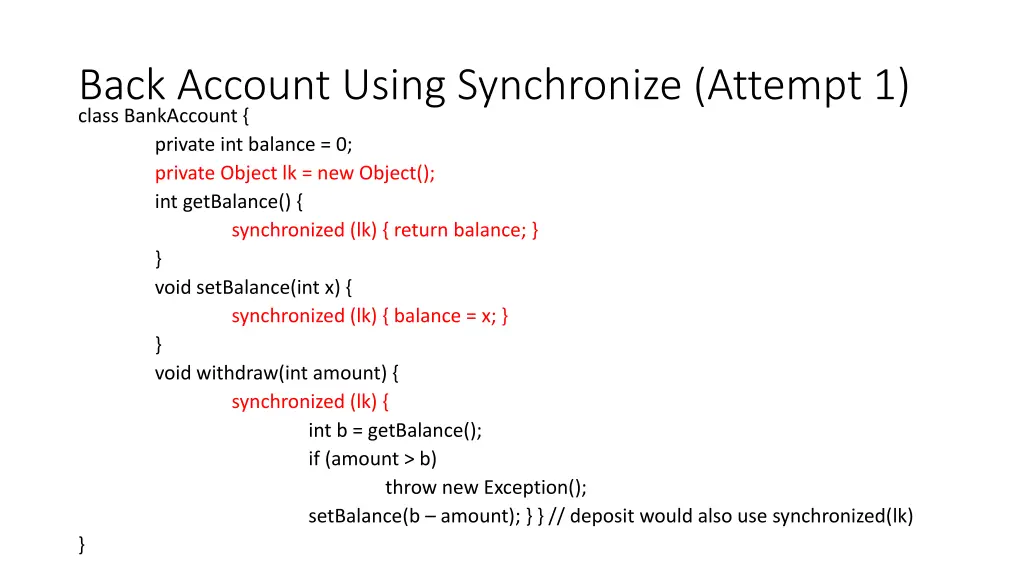 back account using synchronize attempt 1 class