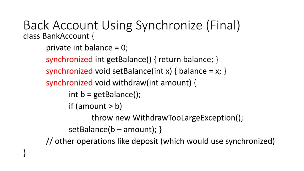 back account using synchronize final class