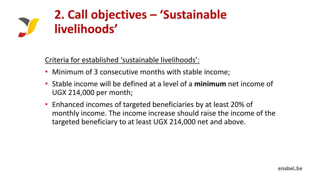 2 call objectives sustainable livelihoods