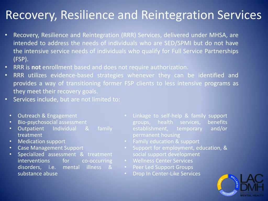 recovery resilience and reintegration services