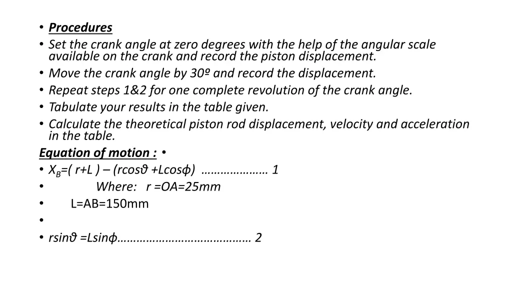 procedures set the crank angle at zero degrees