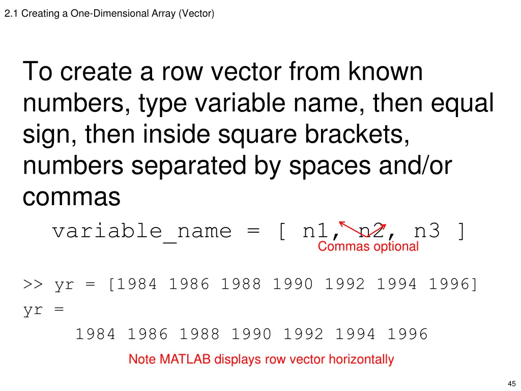 2 1 creating a one dimensional array vector