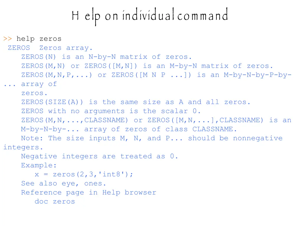 h elp on individual command