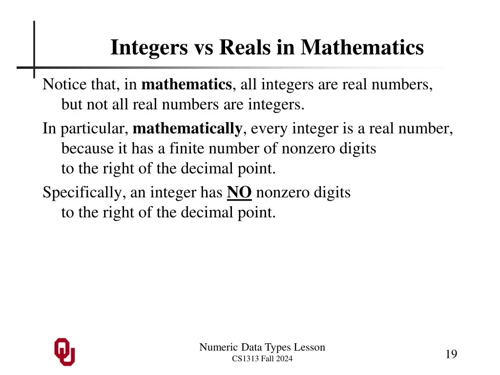 integers vs reals in mathematics