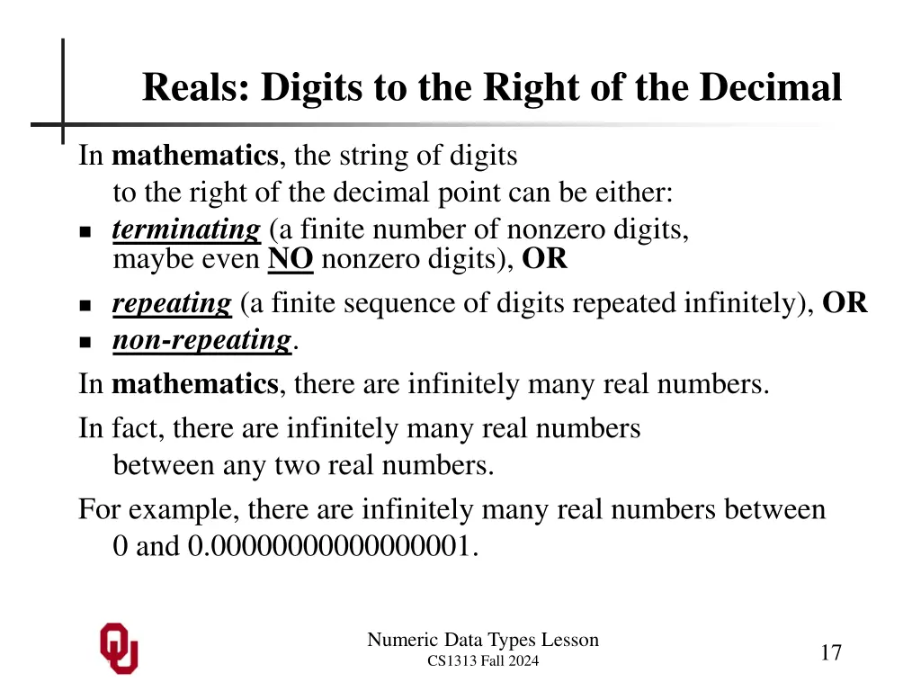 reals digits to the right of the decimal