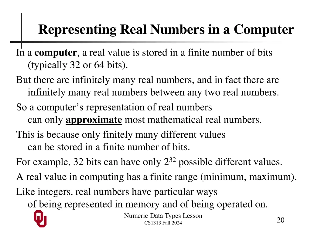 representing real numbers in a computer