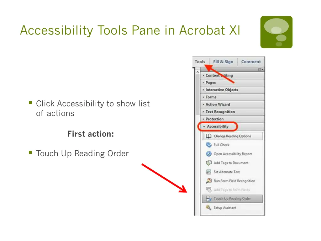 accessibility tools pane in acrobat xi