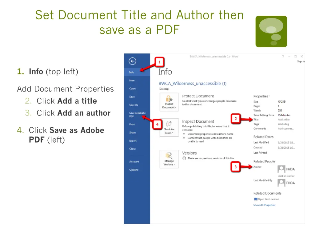 set document title and author then save as a pdf