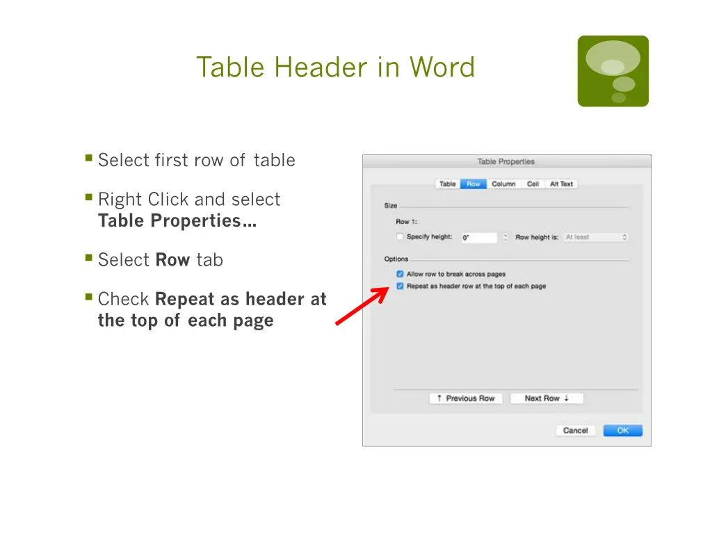 table header in word