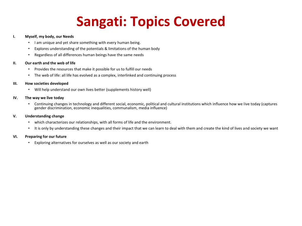 sangati topics covered