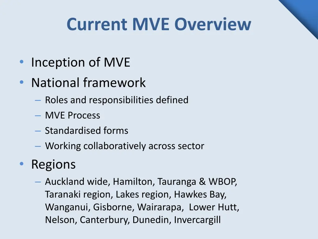 current mve overview