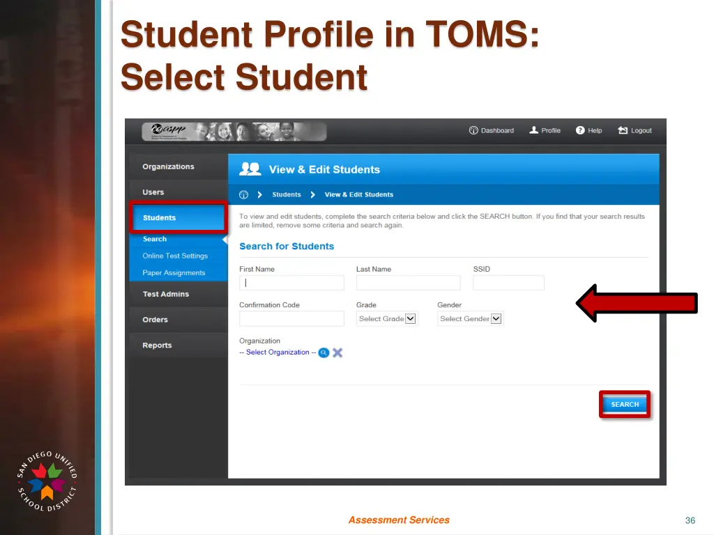 student profile in toms select student