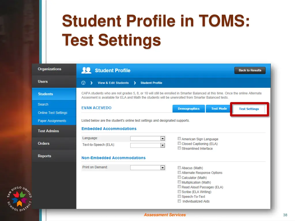 student profile in toms test settings