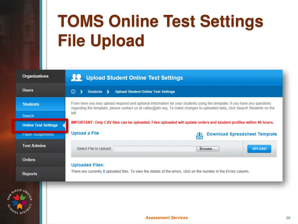 toms online test settings file upload