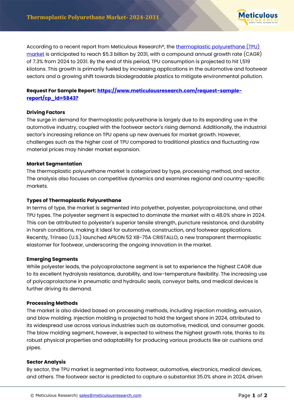 thermoplastic polyurethane market 2024 2031