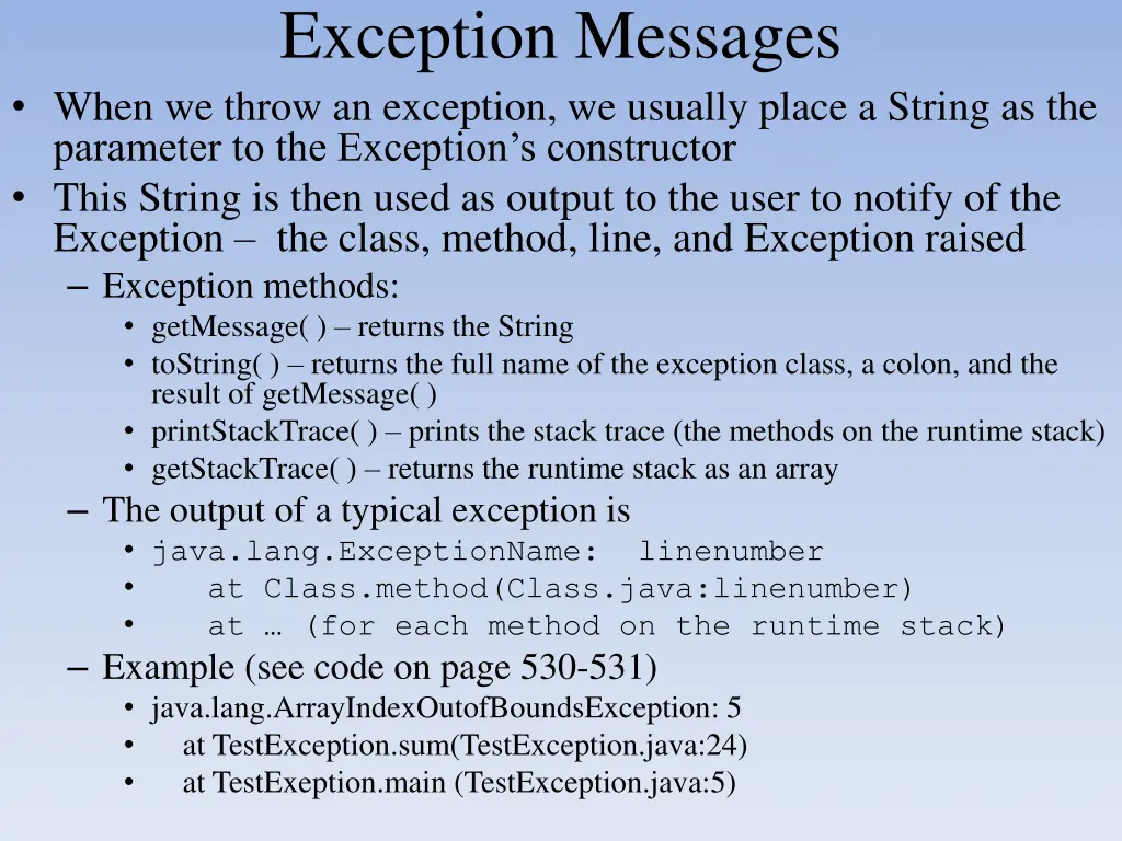 exception messages when we throw an exception