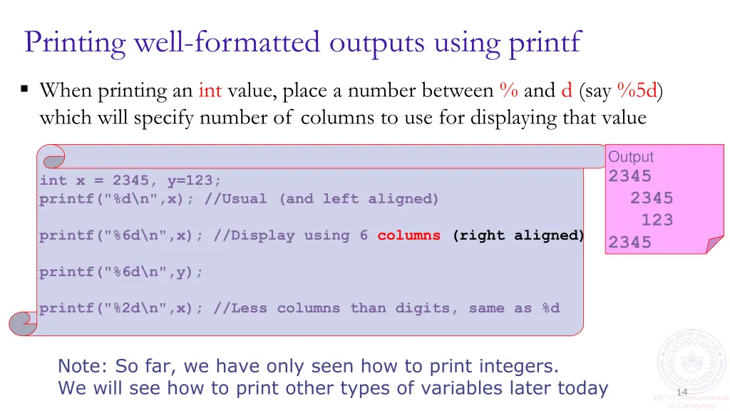 printing well formatted outputs using printf